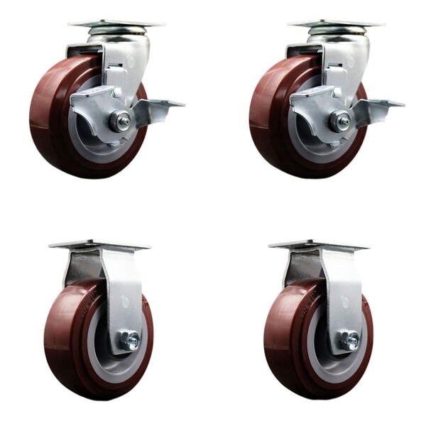 5 Inch Poly on Polyolefin Caster Set with Ball Bearings 2 Brakes 2 Rigid SCC